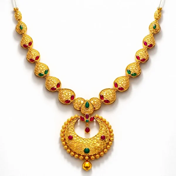 Shah Jewellers 22k Gold Ruby and Emerald Stone-Studded Indian Heritage Necklace featuring vibrant rubies and lush emeralds in traditional design