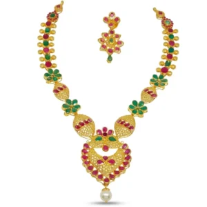 Shah Jewellers Exquisite 22k Gold Necklace Set featuring natural rubies, emeralds, and South Sea pearls with matching earrings