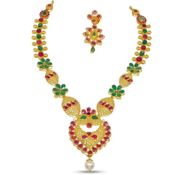 Shah Jewellers Exquisite 22k Gold Necklace Set featuring natural rubies, emeralds, and South Sea pearls with matching earrings