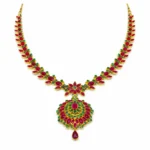 Shah Jewellers Heritage Sunburst Medallion Necklace in 22k Gold featuring ruby and emerald stone accents in radiant sunburst design