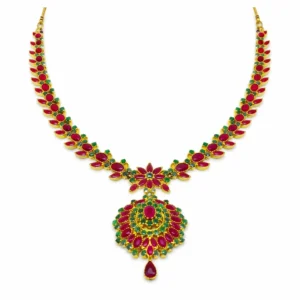 Shah Jewellers Heritage Sunburst Medallion Necklace in 22k Gold featuring ruby and emerald stone accents in radiant sunburst design