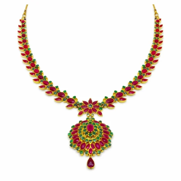 Shah Jewellers Heritage Sunburst Medallion Necklace in 22k Gold featuring ruby and emerald stone accents in radiant sunburst design