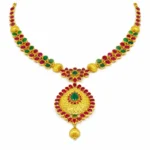 Shah Jewellers 22k Gold Traditional Pendant Necklace studded with ruby red and emerald green stones