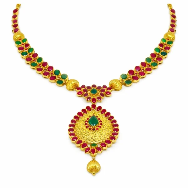 Shah Jewellers 22k Gold Traditional Pendant Necklace studded with ruby red and emerald green stones