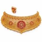 Shah Jewellers Royal V-Shaped Floral Choker in 22k Gold with Ruby-Pink Accents and Matching Jhumka Earrings - Complete Bridal Set