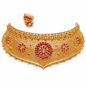 Shah Jewellers Royal V-Shaped Floral Choker in 22k Gold with Ruby-Pink Accents and Matching Jhumka Earrings - Complete Bridal Set