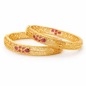 Shah Jewellers 916 Studded 22k Gold Bangles Set of 2 featuring repeating pattern of four small rubies followed by two large rubies