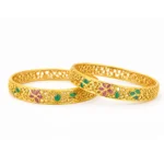 Shah Jewellers 916 Studded 22k Gold Bangles Set of 2 featuring vibrant rubies and emeralds arranged in intricate floral designs