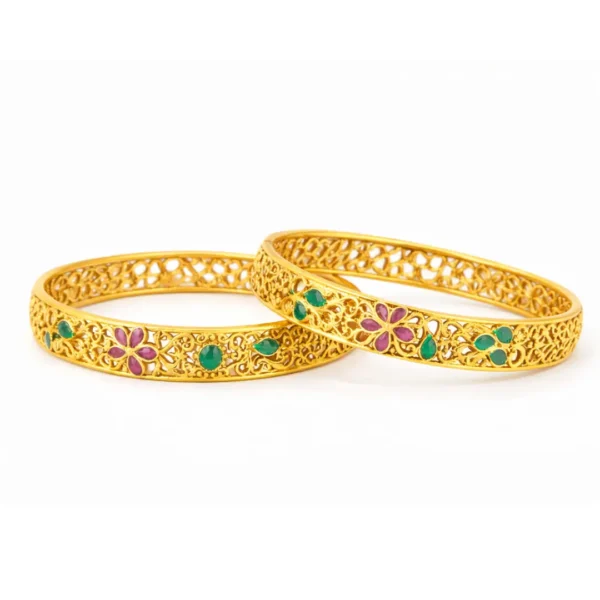 Shah Jewellers 916 Studded 22k Gold Bangles Set of 2 featuring vibrant rubies and emeralds arranged in intricate floral designs