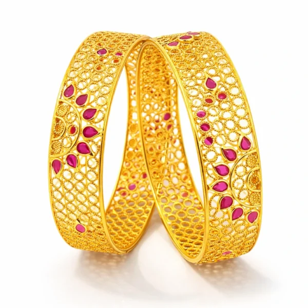 Shah Jewellers 916 Studded 22k Gold Broad Bangles Set of 2 featuring vibrant rubies in lotus design series pattern