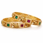 Shah Jewellers 916 Studded 22k Gold Bangles Set of 2 featuring square rubies and emeralds with uncut diamond halos and intricate elephant motif design pattern