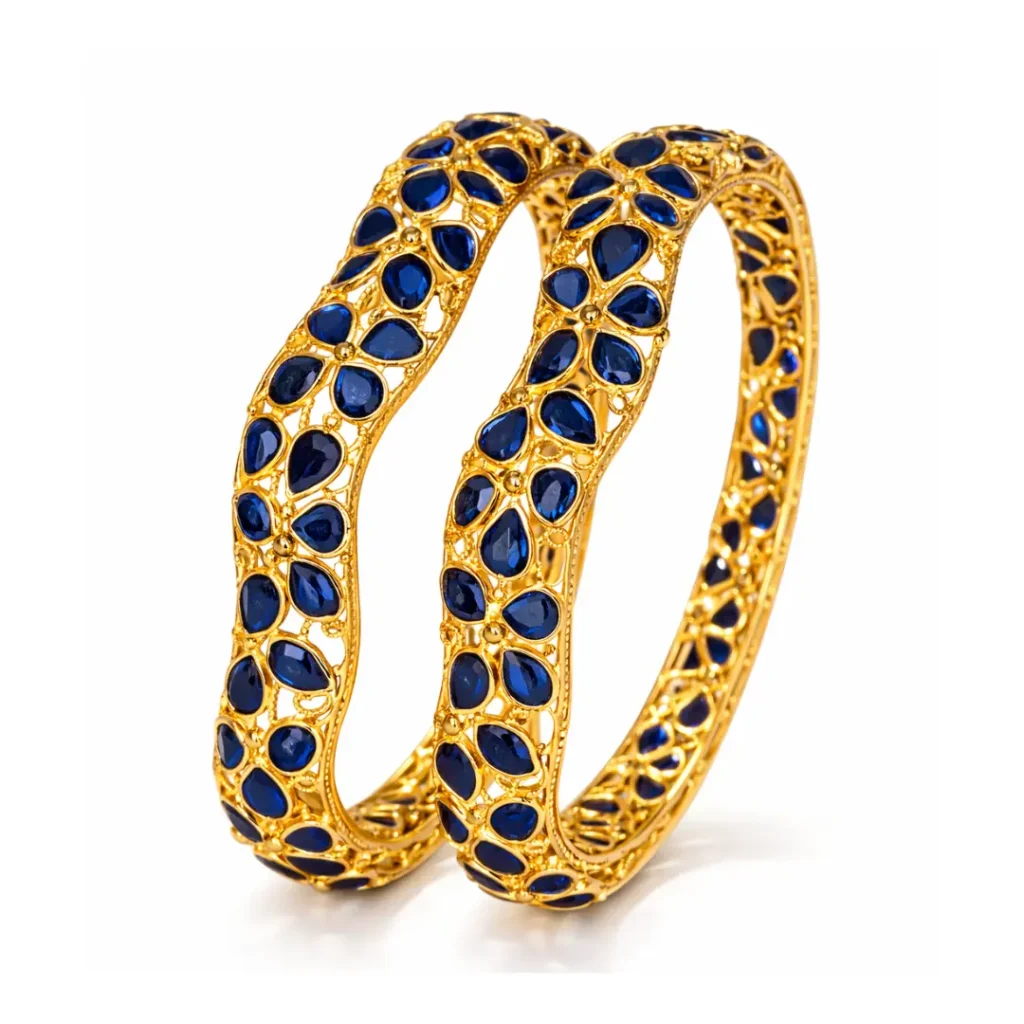 Shah Jewellers 916 Studded 22k Gold Wavy Silhouette Bangles Set of 2 featuring oval blue sapphires arranged in floral pattern series along graceful curved design