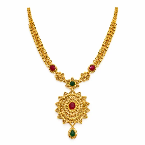Shah Jewellers 22k Gold-Plated Sunburst Pendant Necklace with ruby red and emerald green accents