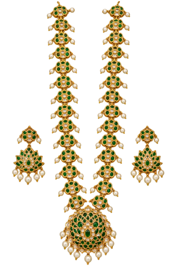 Antique finish emerald green Polki Kundan long jewellery set costume jewellery – Sha Jewellers