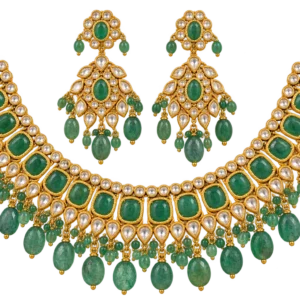 Antique gold green emerald and clear Kundan necklace set with matching earrings – Sha Jewellers
