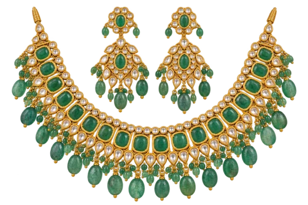 Antique gold green emerald and clear Kundan necklace set with matching earrings – Sha Jewellers