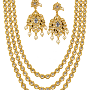Antique gold clear Kundan 3-layer step necklace set with earrings – Sha Jewellers