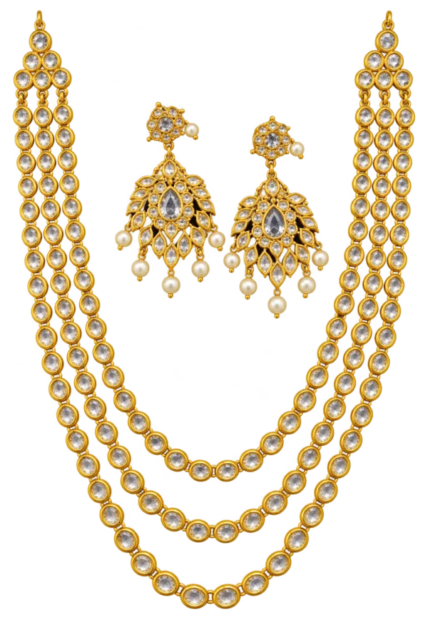 Antique gold clear Kundan 3-layer step necklace set with earrings – Sha Jewellers